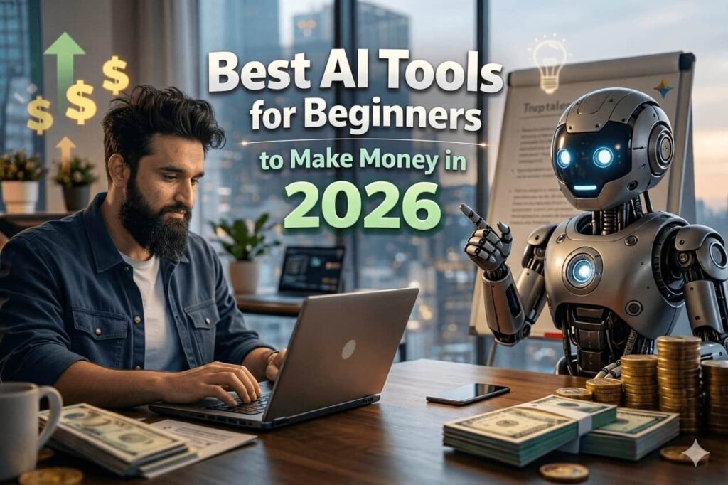 AI tools for beginners showing a person using artificial intelligence tools on laptop in 2026