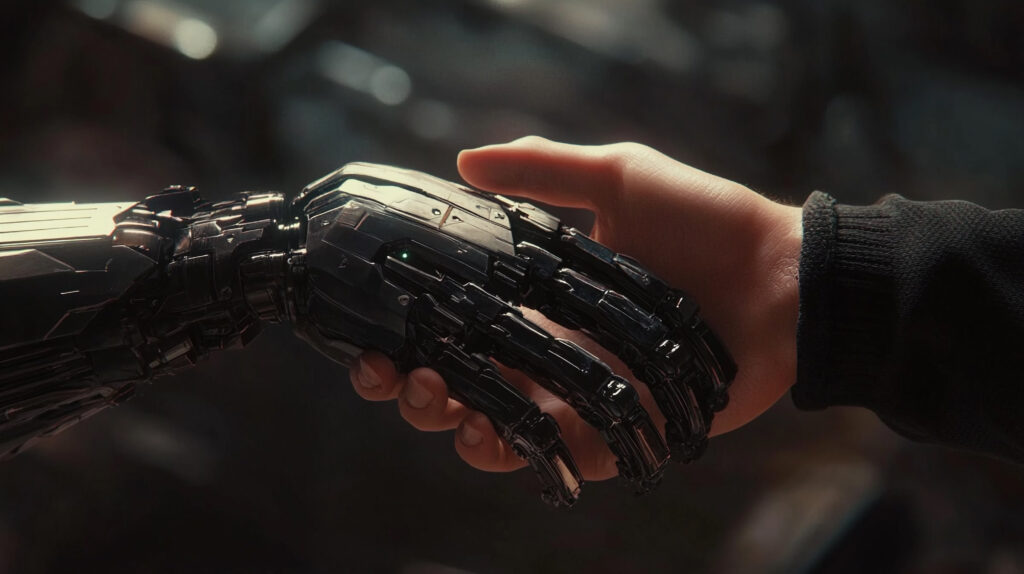AI Guide for Beginners showing human and robot handshake representing artificial intelligence collaboration
