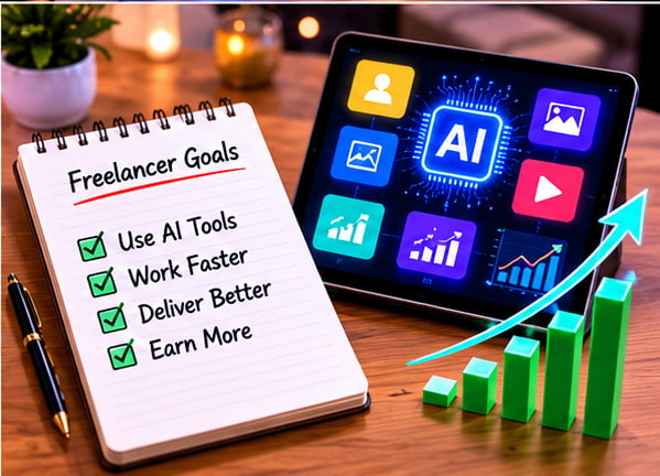 Freelancer using AI tools like ChatGPT, Canva AI, Grammarly, and Jasper to work faster and earn more in 2026