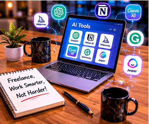 Freelancer using AI tools like ChatGPT, Canva AI, Grammarly, and Jasper to work faster and earn more in 2026