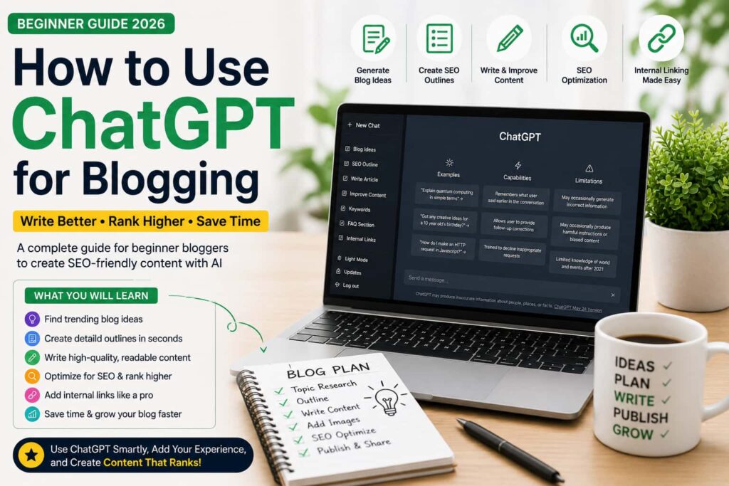 Beginner blogger using ChatGPT for blogging, SEO content planning, keyword research, and blog writing in 2026